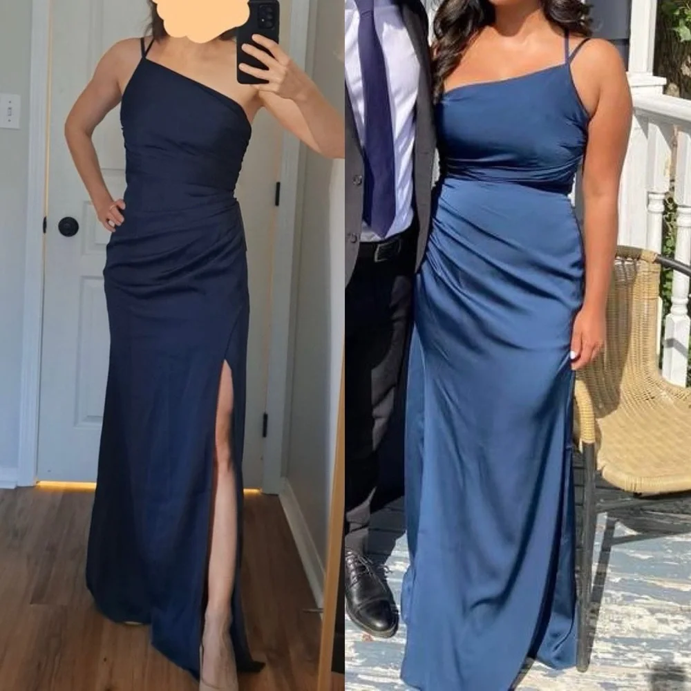 Azazie Eren Fitted One Shoulder Stretch Satin Bridesmaid Dress in Moody Blue NWT - Picture 15 of 15